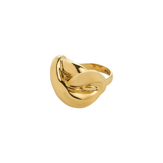 Gold ring with a unique design on a white background