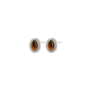 Pair of earrings with brown gemstones and silver accents on a white background