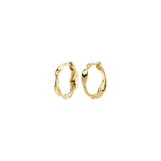 A pair of gold huggie hoop earrings with an organic, wavy textured finish, displayed on a solid white background.