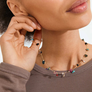Close-up of a person wearing a colorful beaded necklace with a neutral background