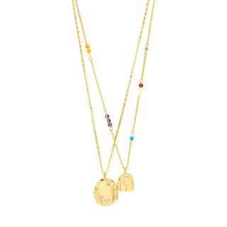 Two gold necklaces with pendants on a white background