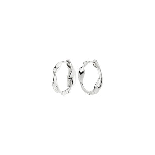 A pair of small, polished silver huggie hoop earrings with a textured, organic wavy edge, shown on a plain white background.
