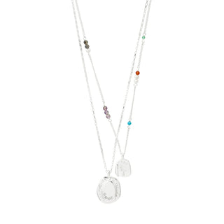 Necklace with multicolored beads and a pendant on a white background