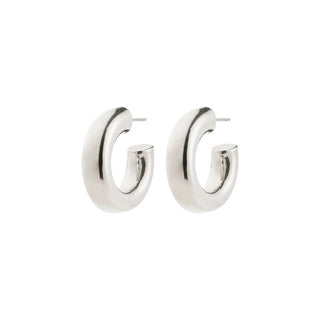 Pair of silver hoop earrings on a white background