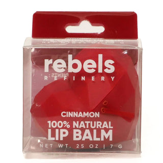 Red lip balm in clear packaging with 'rebels refinery' branding on a white background
