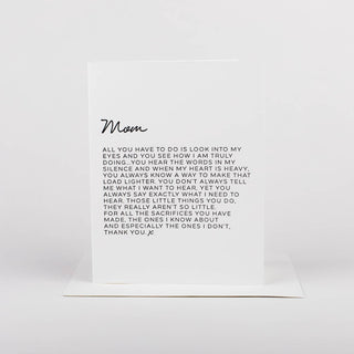 A greeting card with a message printed on it, featuring the word 'Mom' at the top, set against a white background.