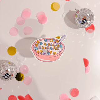 Stickers with a quote 'What a good day to be proud of the progress you've made' on a pink background with confetti and decorative items around.