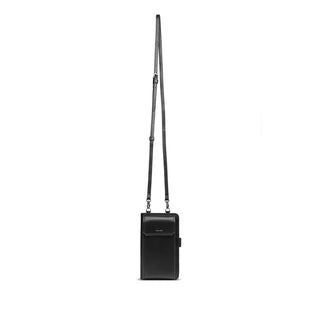 Black crossbody bag with a strap on a white background