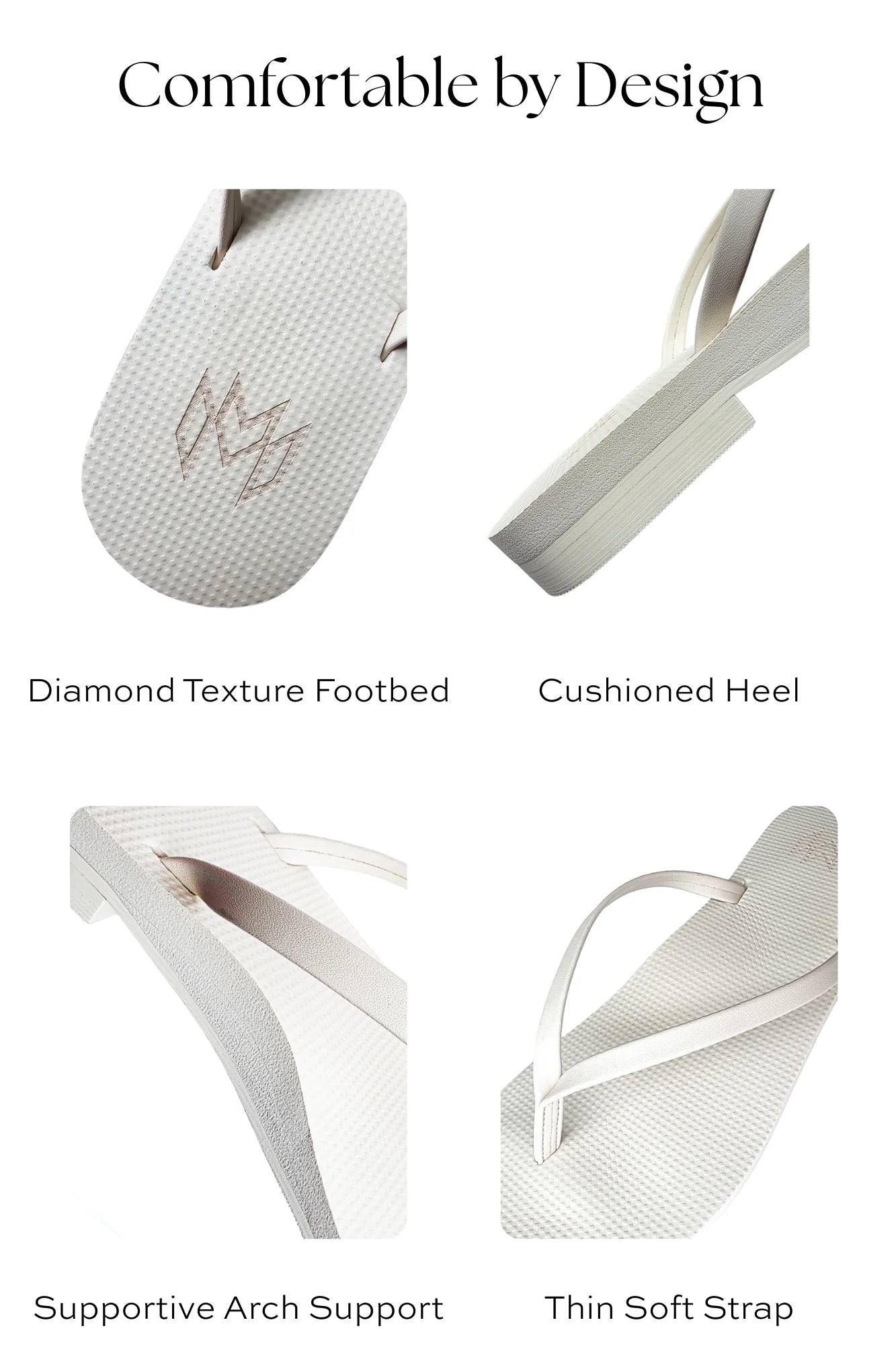White flip-flops with text highlighting features on a white background