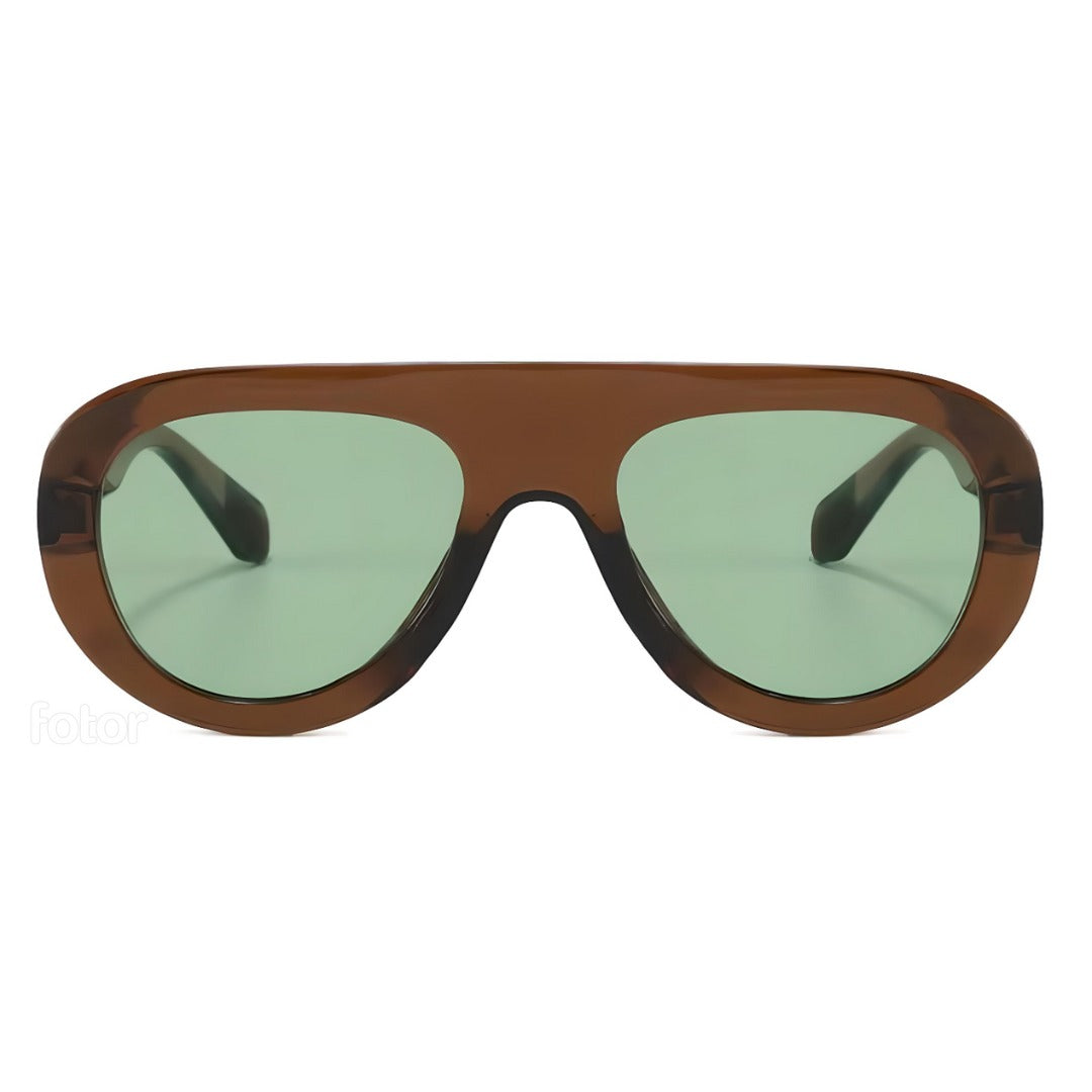 Sunglasses with brown frame and green lenses on a white background