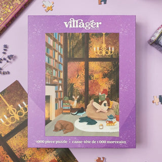 Villager puzzle box with a colorful illustration of a cozy room scene on a purple background.