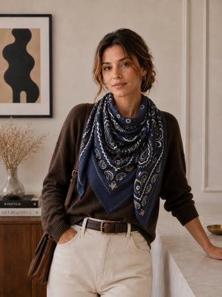 A women wearing a bandana scarf in a living room setting. 