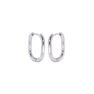 Pair of silver hoop earrings on a white background