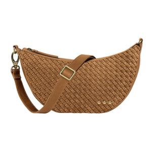 Brown woven handbag with a strap on a white background