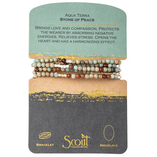 Set of beaded bracelets on a branded card with product description and brand name.