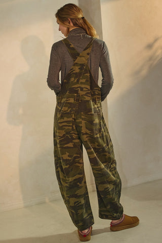 Person wearing camouflage overalls with a plain background