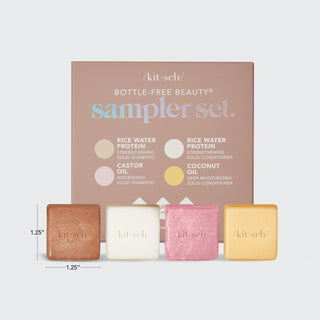 Kit-sei bottle-free beauty sampler set with four solid products and a box on a white background