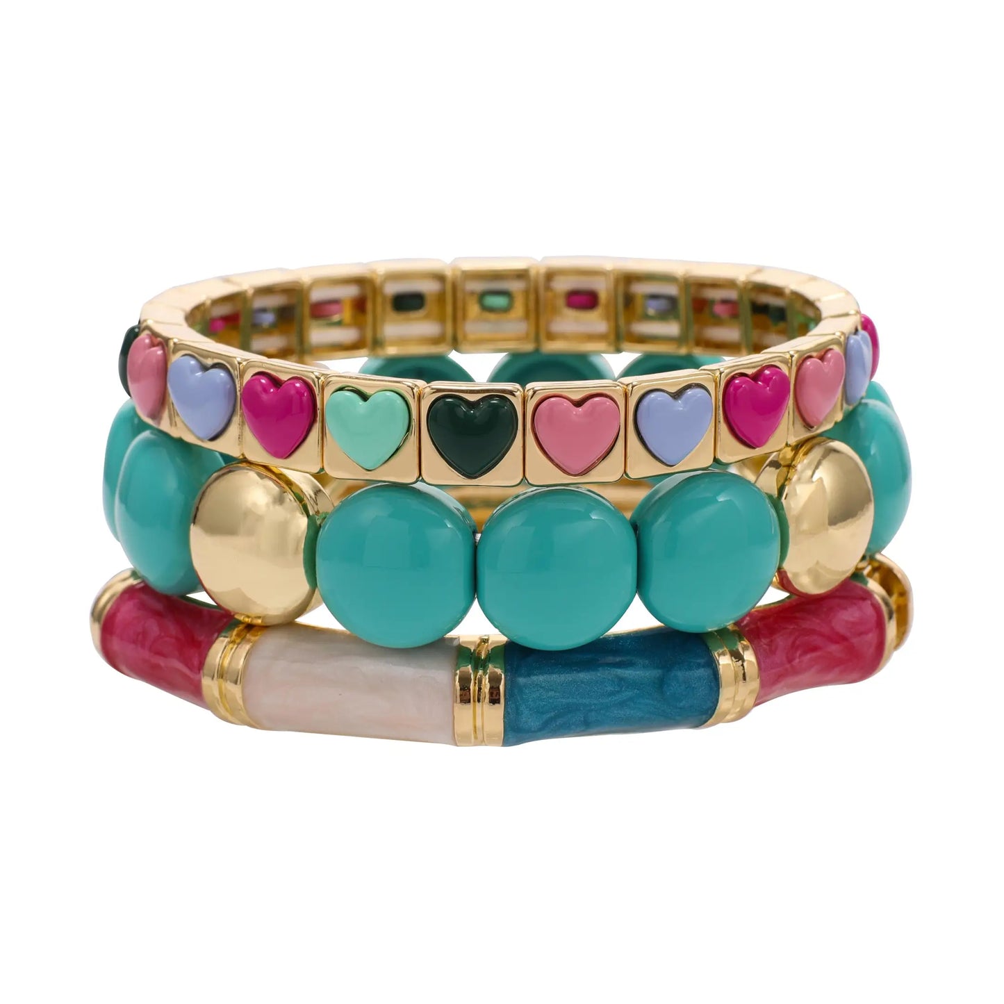 a bright and colour bracelet stack.