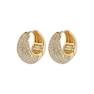 Gold hoop earrings with crystal embellishments on a white background