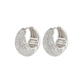 Pair of silver hoop earrings with clear gemstones on a white background