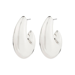 Pair of silver hoop earrings on a white background