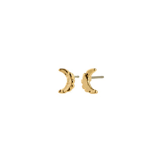 Gold crescent moon earrings on a white background