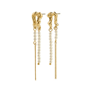 Gold earrings with pearl drops on a white background