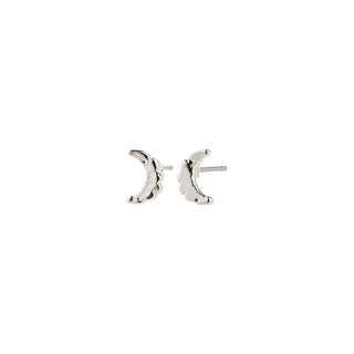 Silver moon-shaped earrings on a white background