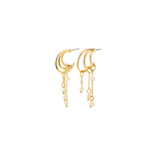 A pair of gold crescent moon dangle earrings with small white pearl-like beads and chain drops, shown on a plain white background.