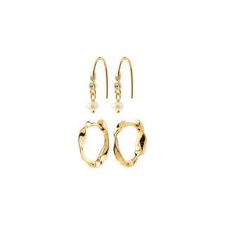 Gold hoop earrings with pearl accents on a white background
