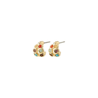 Gold earrings with multicolored stones on a white background