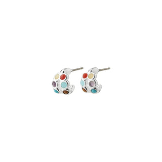 Pair of earrings with multicolored dots on a white background