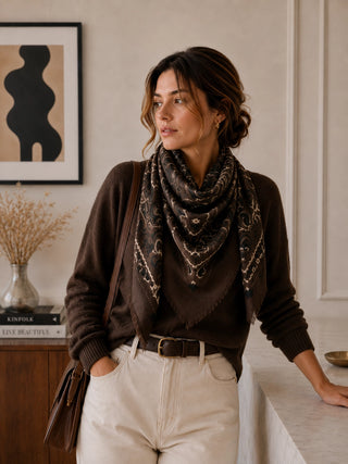 A women wearing a bandana scarf in a living room setting. 