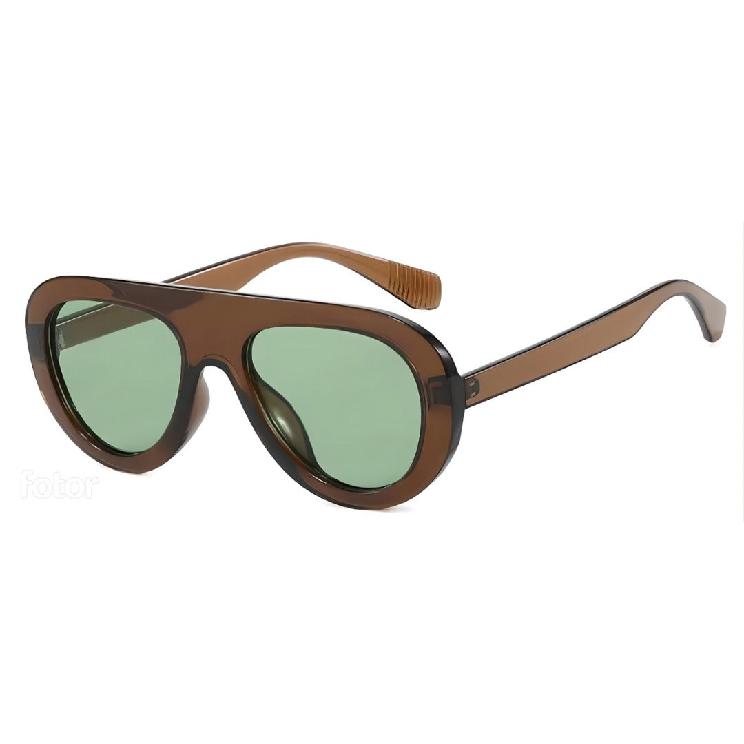 Brown sunglasses with green lenses on a white background