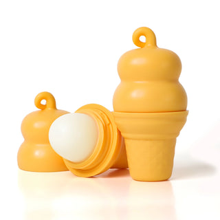 Three yellow ice cream-shaped lip balm cases on a white background, with one case open to show a white balm sphere inside.