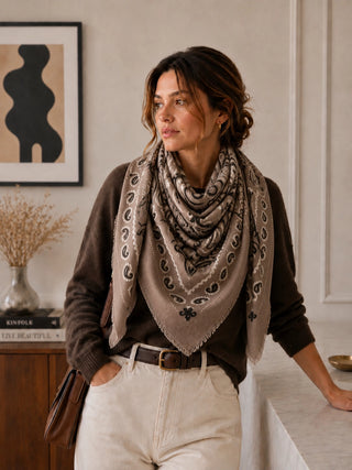 A woman wearing a brown knit sweater, cream trousers, and a large beige and brown paisley-patterned scarf draped around her neck, standing indoors near a counter.