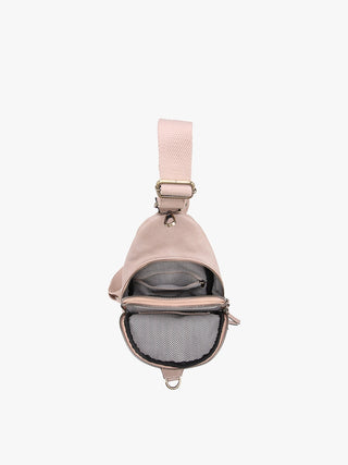 Pink crossbody bag with a strap on a white background