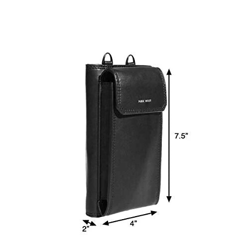 Black leather pouch with measurements on a white background