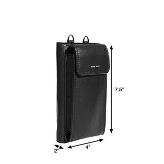 Black leather pouch with measurements on a white background