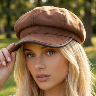 Woman wearing a brown cap outdoors with greenery in the background