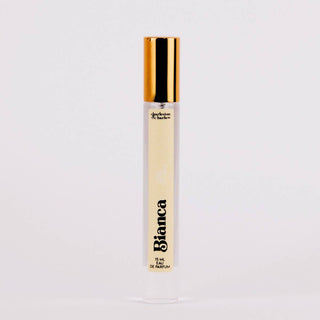 Perfume bottle labeled 'Bianca' with a gold cap on a light gray background