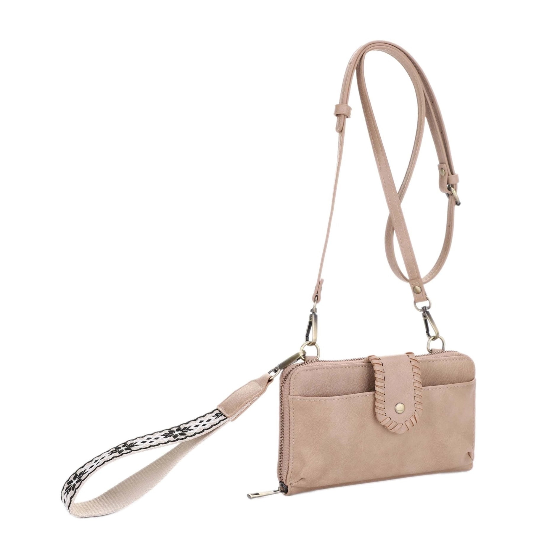 A Taupe velvet wallet purse with a boho guitar strap.