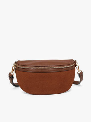 A brown faux-leather crossbody bag with a curved silhouette, a top zipper closure, and a matching adjustable shoulder strap with gold-tone hardware, shown against a plain white background.