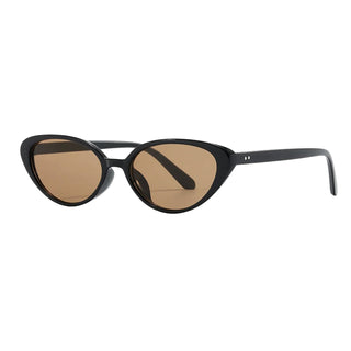 Black cat-eye sunglasses with brown lenses on a white background