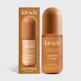 Kit-sch Caramel Cream Hair Perfume bottle and its matching brown cardboard packaging box, displayed side-by-side on a light gray background.