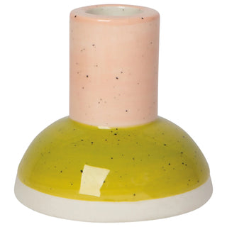 Ceramic vase with pink top and greenish-yellow base on a white background
