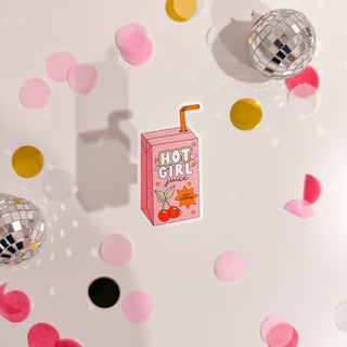 Stickers with a quote 'What a good day to be proud of the progress you've made' on a pink background with confetti and decorative items around.