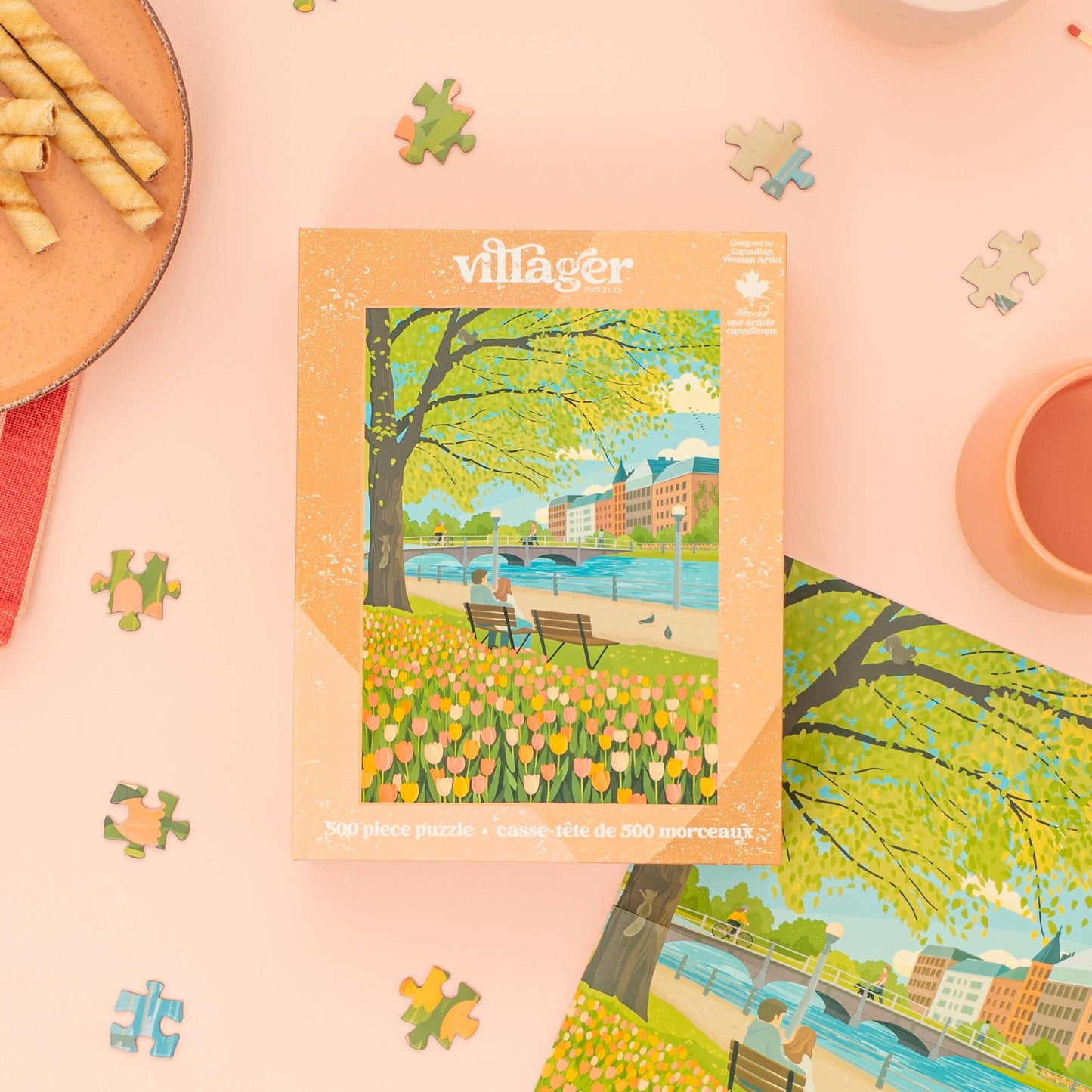 Villager puzzle box with a park scene on a pink background