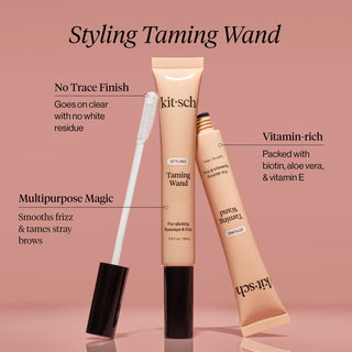 Kitsch Taming Wand with product features on a pink background