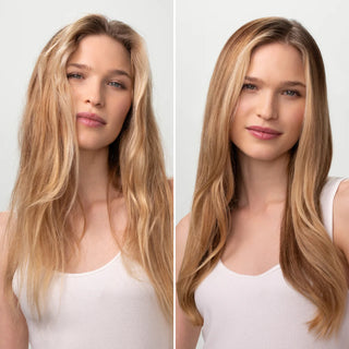 Side-by-side comparison of a woman with long blonde hair against a white background